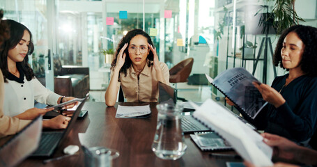 Stress, overworked and headache with business woman in meeting for deadline, anxiety and...