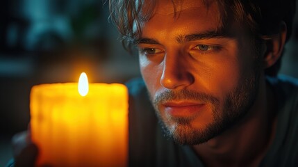 A man practicing mindfulness by observing a candle flame in a dark room 