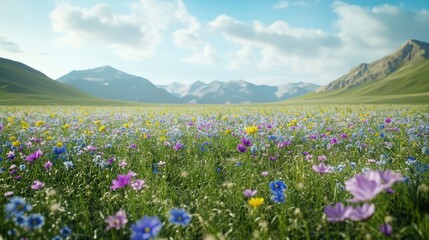 Obraz premium Colorful wild flowers along agriculture field as biodiversity measure and good practice of nature inclusve farming. with copy space image. Place for adding text or design