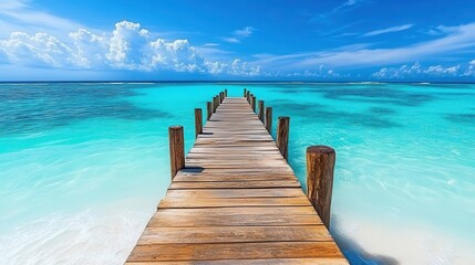 Fototapeta premium Travel image showing a wooden pier leading into the turquoise ocean on an exotic beach