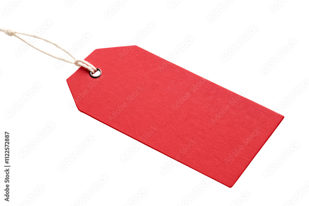 Poster a bright red tag with a white string attachment, creating a contrast perfect for vibrant product lab