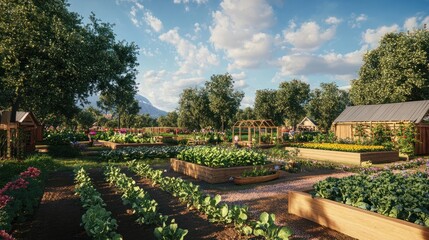 Obraz premium Community engagement in a vibrant garden as families cultivate crops and foster sustainability together