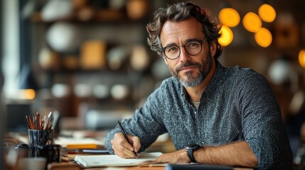 A man sitting at a desk, writing in a notebook with a thoughtful and focused expression 