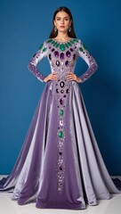 Fototapeta premium Floor length velvet gown embellished with jade and emerald stones white background 