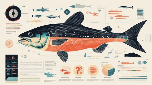 A detailed infographic depicting the life cycle of a salmon, from egg to adult, with illustrations of various stages and data on its diet, predators, and habitat.
