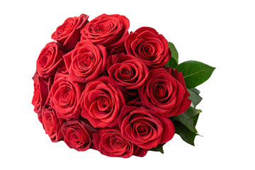 Obraz premium A lush arrangement of fresh red roses, each in full bloom, surrounded by dark green leaves, symbolizing deep romance, isolated on a transparent background