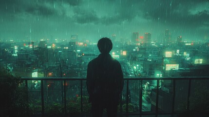 A man standing alone on a balcony, looking out at a cityscape with a thoughtful, pensive expression 