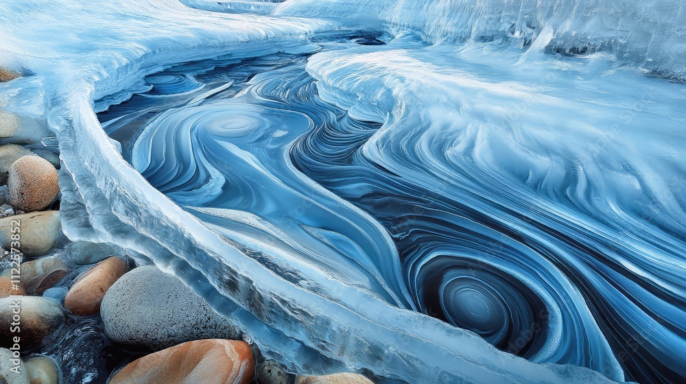 Poster a high-resolution image of a frozen riverbed, where layers of ice form unique patterns over rocks an