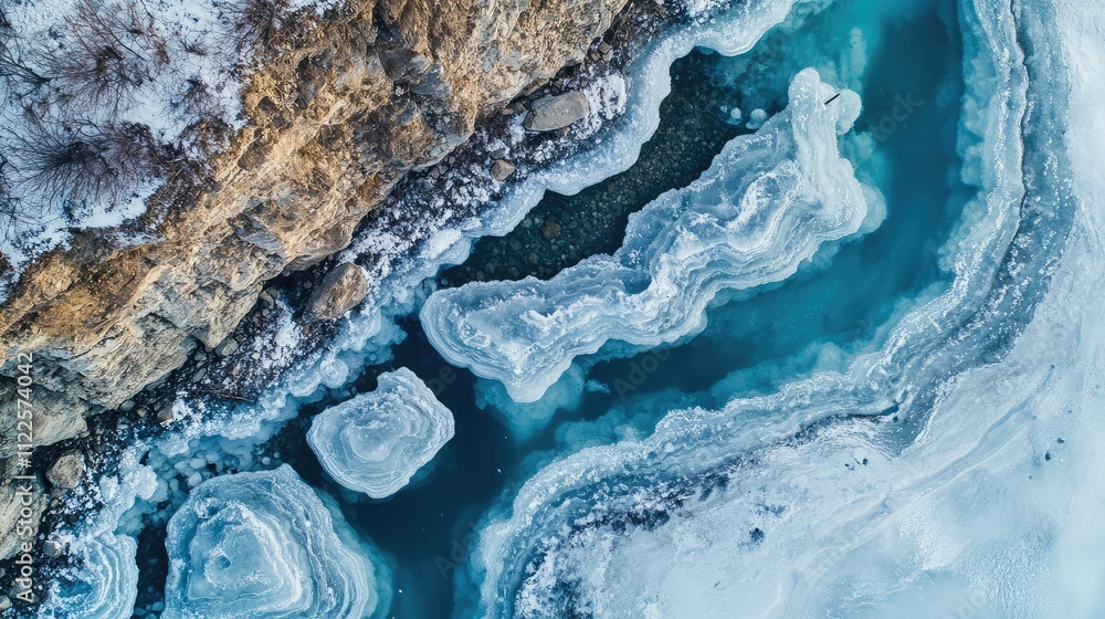Poster a high-resolution image of a frozen riverbed, where layers of ice form unique patterns over rocks an