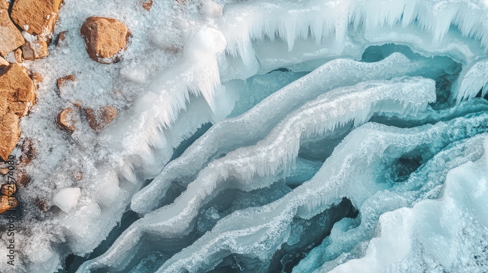 Poster a high-resolution image of a frozen riverbed, where layers of ice form unique patterns over rocks an