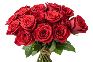 Obraz premium A tightly arranged bouquet of vibrant red roses with deep green leaves, exuding timeless romance and elegance, isolated on a transparent background