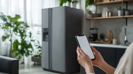 Woman Holding Smartphone with Blank Screen in Modern Kitchen Interior, Refrigerator Background