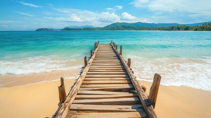 Fototapeta premium Travel image showing a wooden pier leading into the turquoise ocean on an exotic beach