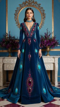Full length velvet gown embellished with turquoise ruby and amethyst stones light blue background 