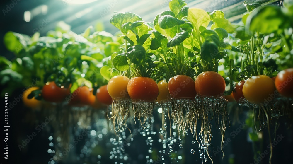 Poster close-up of hydroponically grown tomatoes in a controlled environment, with roots submerged in water