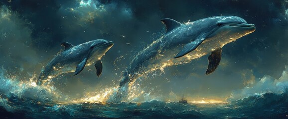 Fototapeta premium Magical dolphins leap from ocean waves at sunset, creating sparkling trails of light. A distant ship sails on the horizon.