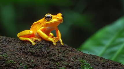 Naklejka premium Vibrant Golden Frog on Mossy Log Rainforest Amphibian Wildlife Photography