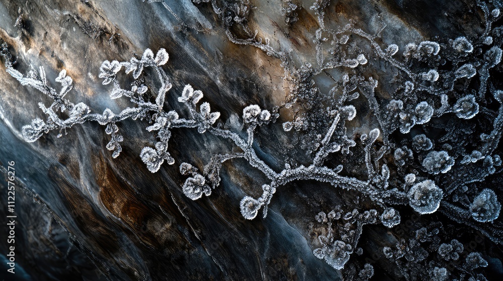Poster a macro shot of a tree branch covered in frost and small icicles, capturing the intricate details of