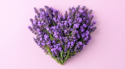 Obraz premium Heart of Lavender Flowers on a Pink Background, Valentine s Day Love, Romance, and Wellness Concept