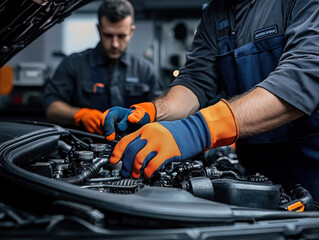 Battery replacement energy concept. Mechanics work on a car engine, wearing gloves and focused on repairs, showcasing expertise in automotive maintenance and teamwork.