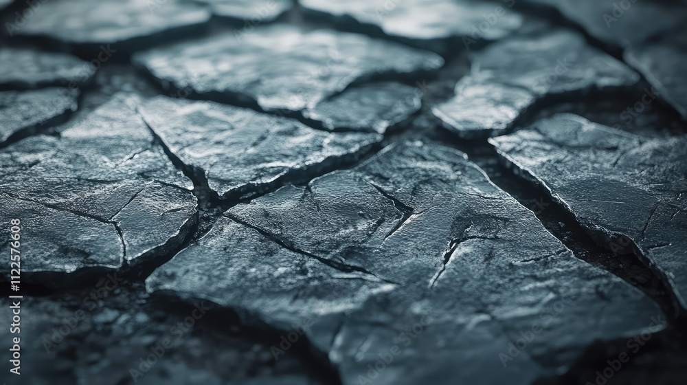 Poster a macro shot of cracked ice, highlighting the sharp edges of the fractures and the frosty textures b