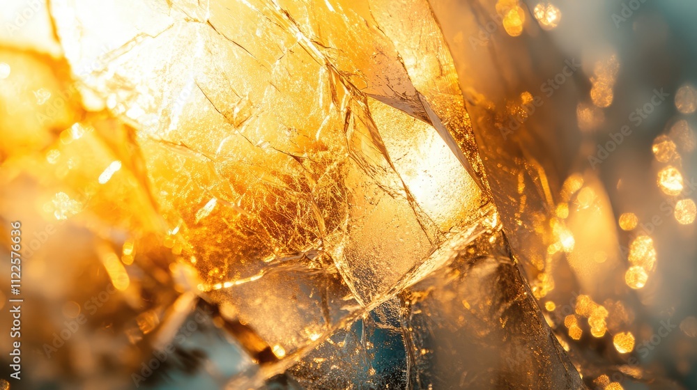 Poster a macro shot of sunlight hitting fractured ice, producing vivid reflections and intricate light patt