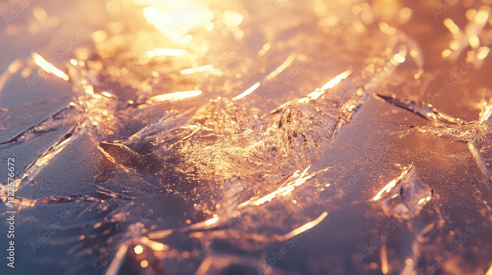 Poster a macro shot of sunlight hitting fractured ice, producing vivid reflections and intricate light patt