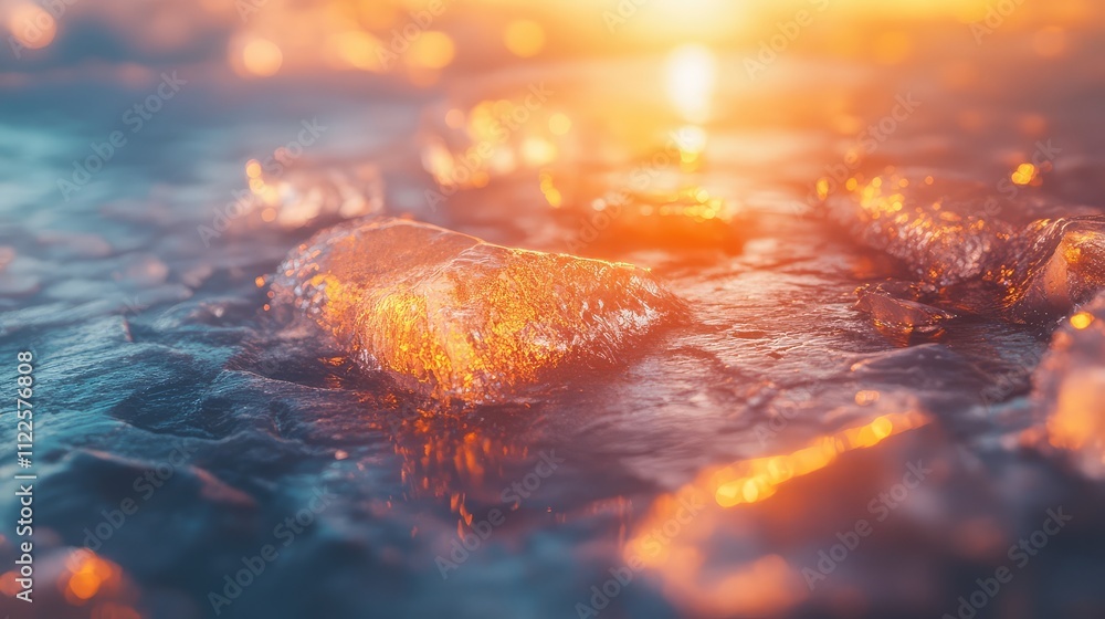 Aufkleber a macro shot of sunlight hitting fractured ice, producing vivid reflections and intricate light patt
