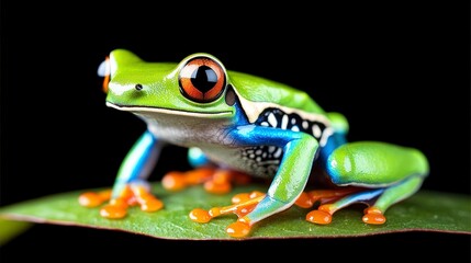 Naklejka premium Vibrant Red Eyed Tree Frog on Leaf Rainforest Amphibian Exotic Wildlife