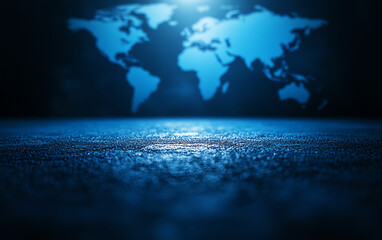 Close-up view of world map projected against dark blue background, highlighting global connections and dimensions.