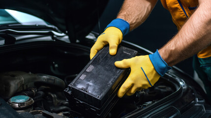 Battery replacement energy concept. A person wearing gloves removes a car battery from an engine compartment, focusing on automotive maintenance and repair.