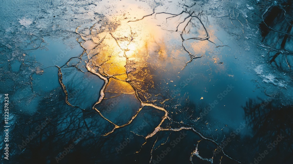 Poster a panoramic view of a frozen lake under a rising sun, with warm reflections playing on the ice and c