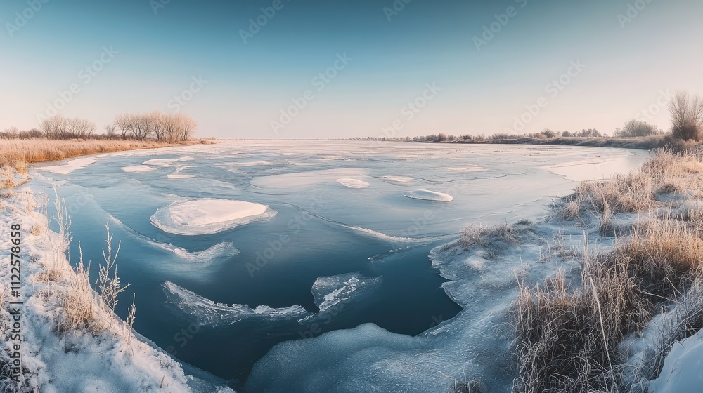 Aufkleber a panoramic view of a frozen river, with layers of smooth ice and scattered cracks reflecting soft w