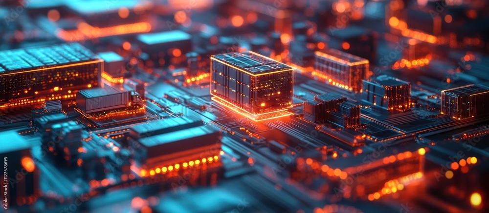Aufkleber abstract close-up of a circuit board with glowing orange lights and a central processor.