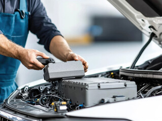 Obraz premium Battery replacement energy concept. A mechanic replaces a component under the hood of a vehicle, showcasing automotive maintenance and repair skills.