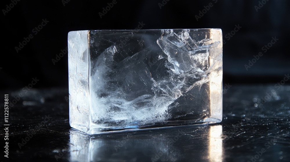 Poster a perfectly rectangular transparent ice block on a dark surface, illuminated to highlight its clarit