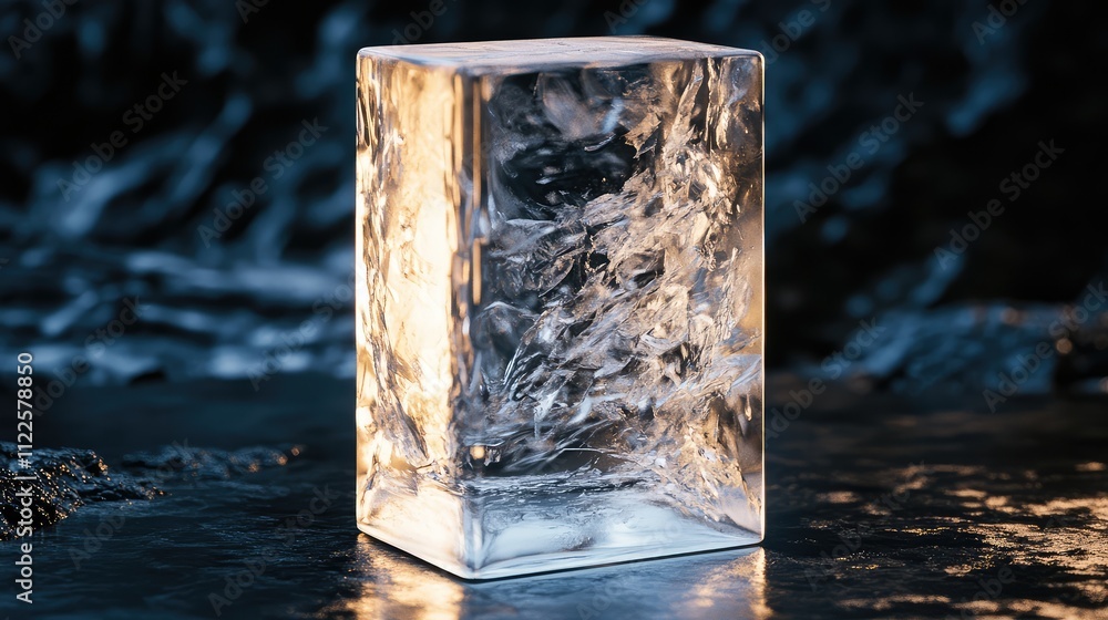 Poster a perfectly rectangular transparent ice block on a dark surface, illuminated to highlight its clarit