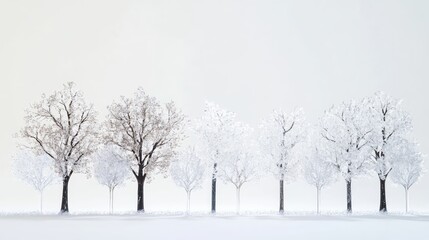 Fototapeta premium A row of ice-covered trees after a freezing rain, with shimmering branches creating a dramatic and frosty winter scene