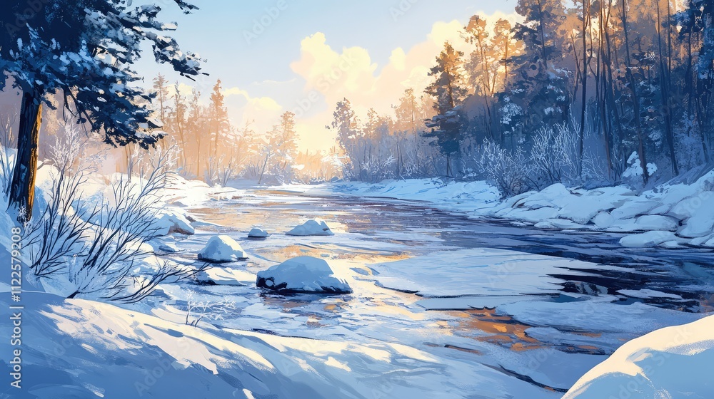 Poster a scenic view of a frozen river, with sparkling ice formations and soft patches of snow creating a s