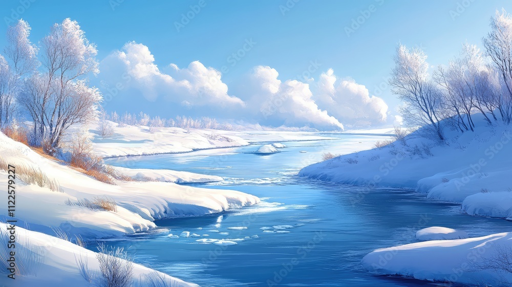 Poster a scenic view of a frozen river, with sparkling ice formations and soft patches of snow creating a s