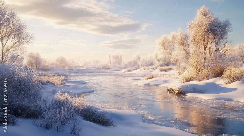 Aufkleber a scenic view of a frozen river, with sparkling ice formations and soft patches of snow creating a s