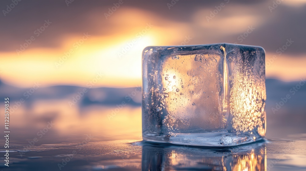 Poster a smooth, clear ice block with visible internal air bubbles, capturing light reflections in a cold, 