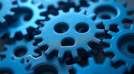 Close-up of Interlocking Blue Metal Gears, Mechanical Precision, Abstract Industrial Design, Depth of Field, Textured Surface, Dark Background