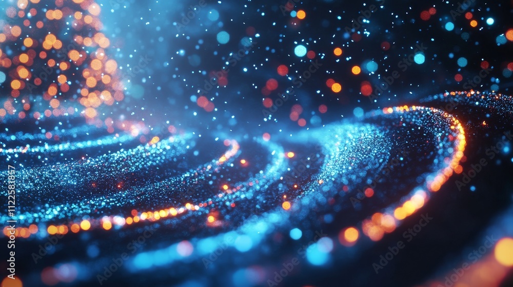 Poster a vibrant, abstract scene of glowing particles creating a dynamic, wave-like effect.