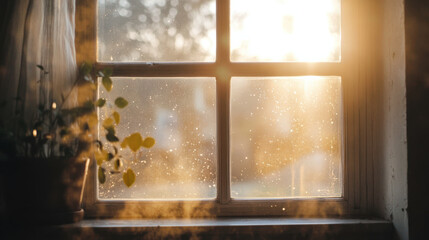 Sunlight Streaming Through a Vintage Window with Dust Particles and Green Leaves, Creating a Warm and Inviting Atmosphere in a Cozy Indoor Setting