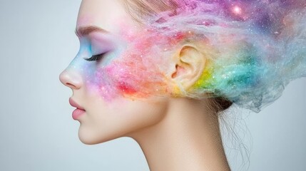 Fototapeta premium Cosmic Beauty Woman s Face with Galaxy Makeup and Hair