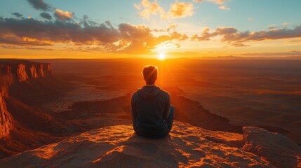 Obraz premium A person sitting on the edge of a cliff, looking out at a vast horizon, feeling both small and free 