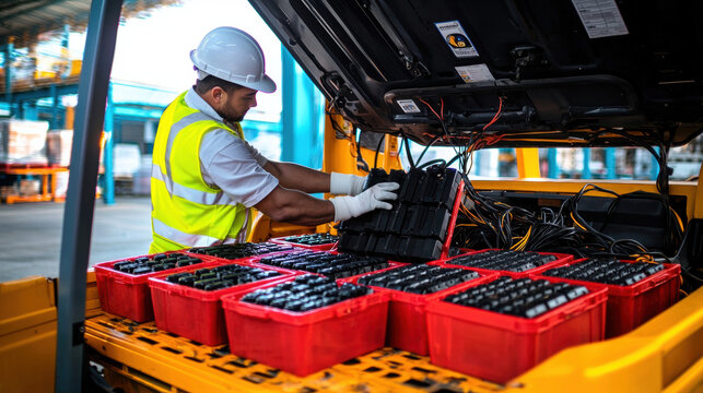 Battery replacement energy concept. A worker in a safety vest repairs a battery system in a vehicle, surrounded by red battery containers in a warehouse setting. - Powered by Adobe