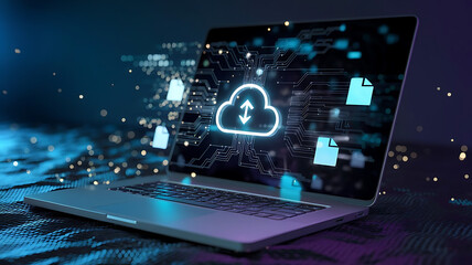 Close-Up of Laptop with Glowing Cloud Icon, cloud computing concept, cloud storage, uploading data on cloud,CC