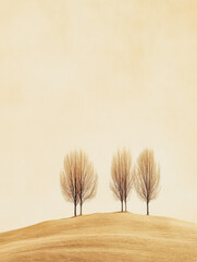 Trio of bare trees on a gentle hill under soft light in autumn landscape